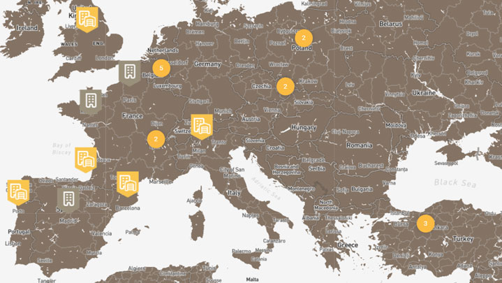 Mapa sítě společnosti Abraservice v Evropě