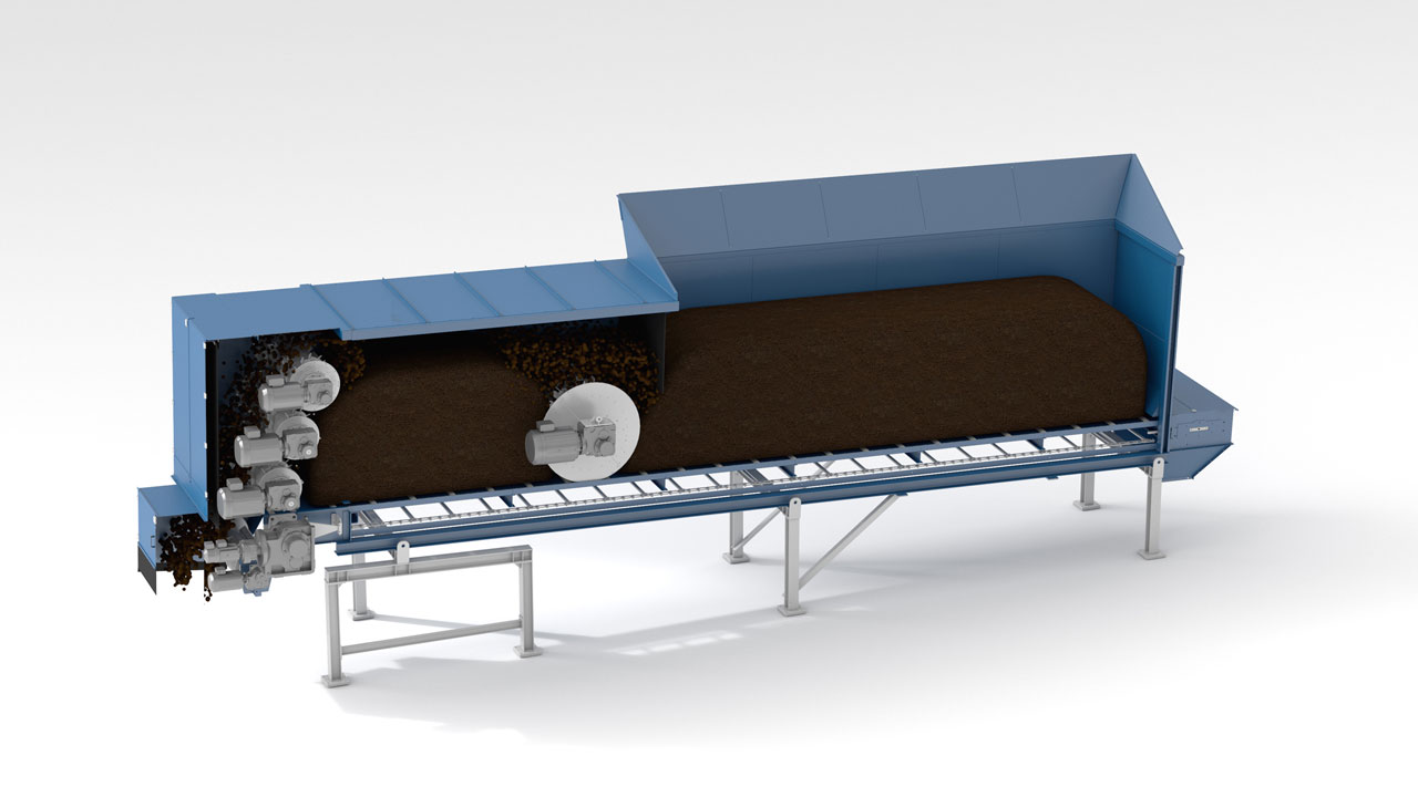 Schnittbild Gärrestmischer von Eggersmann Anlagenbau. Ein Kratzerband fördert das Material kontinuierlich zu den Mischwalzen